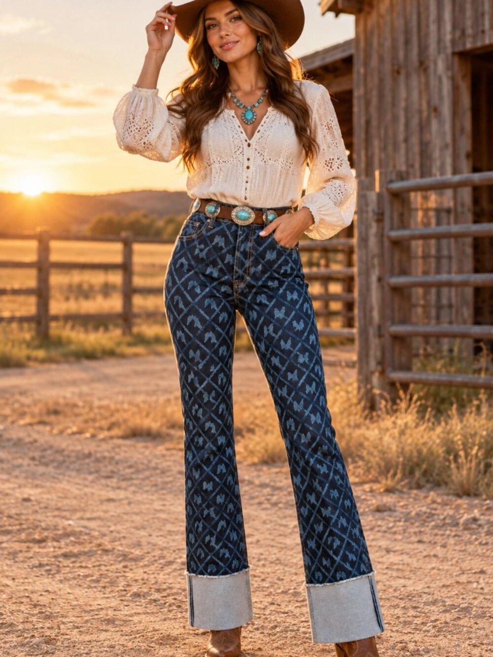 Take The Reins Horse Printed Cuffed High Rise Jeans